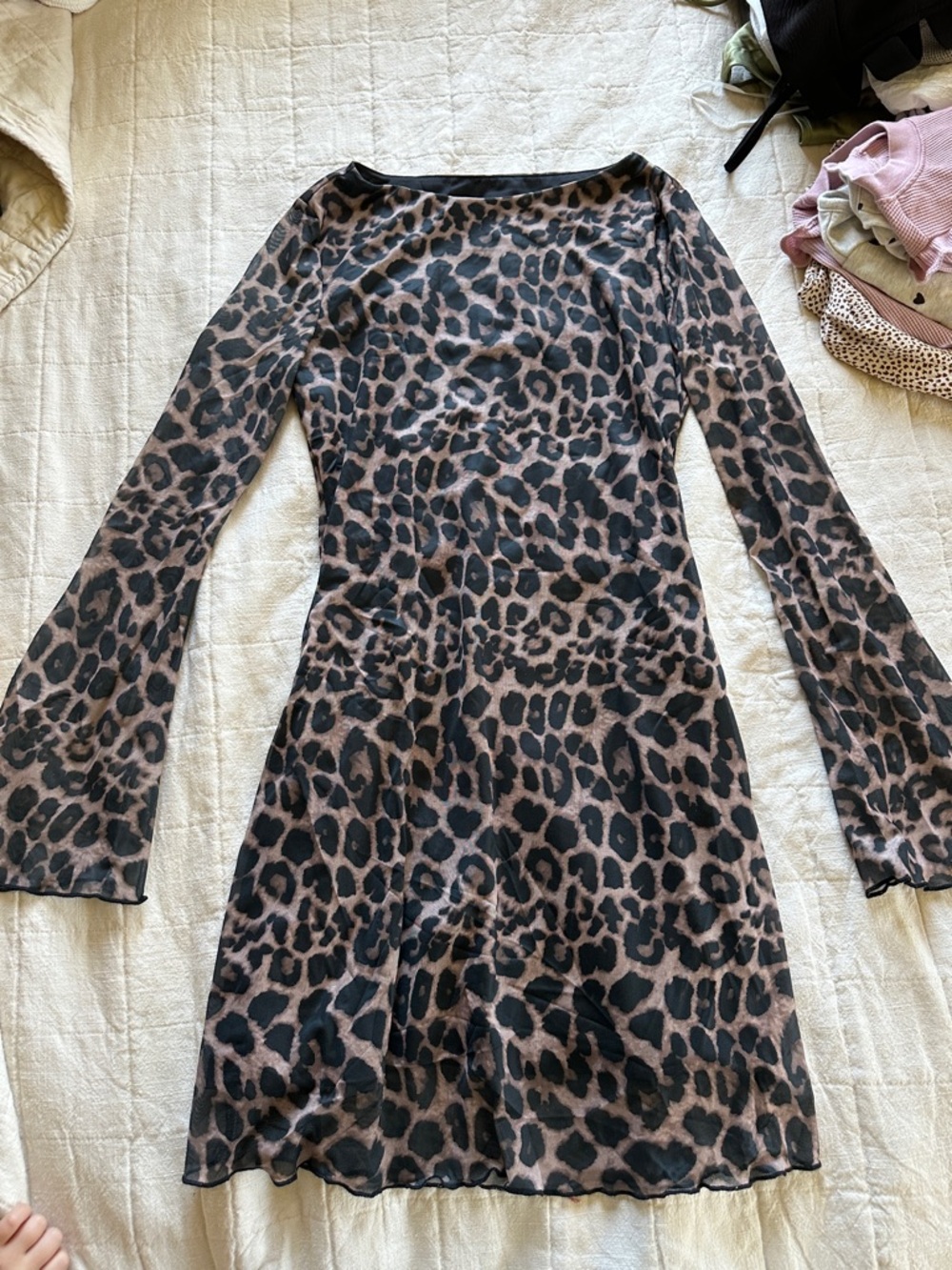 Leopard Print Mesh Long Sleeve Mini Dress - Taupe & Black